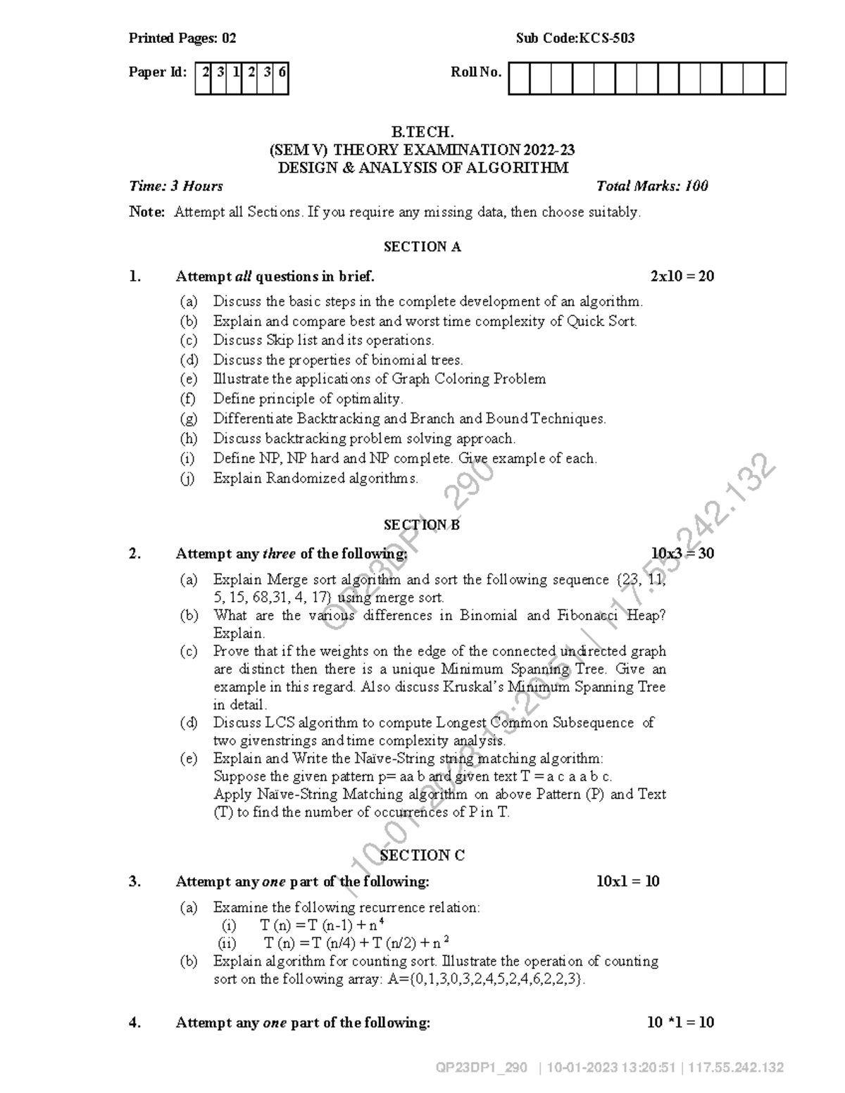 Btech Cs 5 Sem Design Analysis Of Algorithm Kcs503 2023 - QP23DP1_ | 10 ...