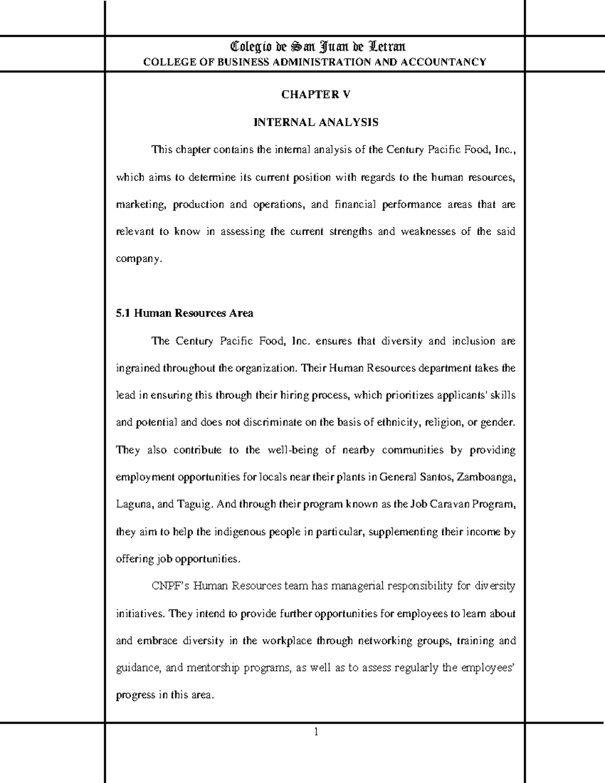 Actual Sample of Chapter 5 (Century Pacific Foods, Inc COLLEGE OF