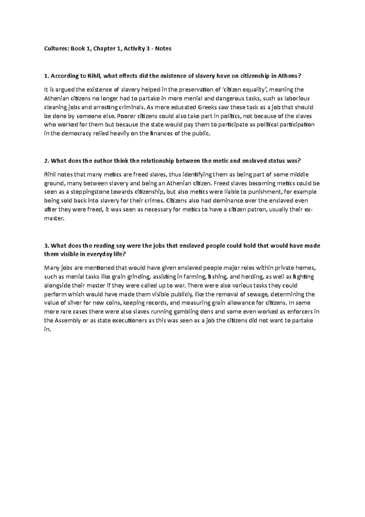 Book 1 chapter 1 activity 3 notes cultures book 1 chapter 1