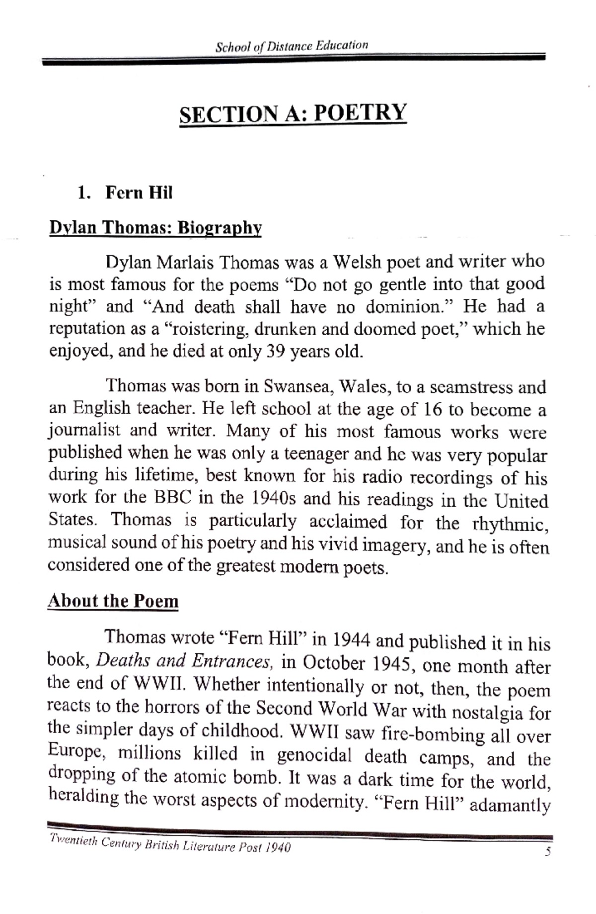 Ma English 20th century Fern hill - SECTION A: POETRY Fern Hil Dylan ...