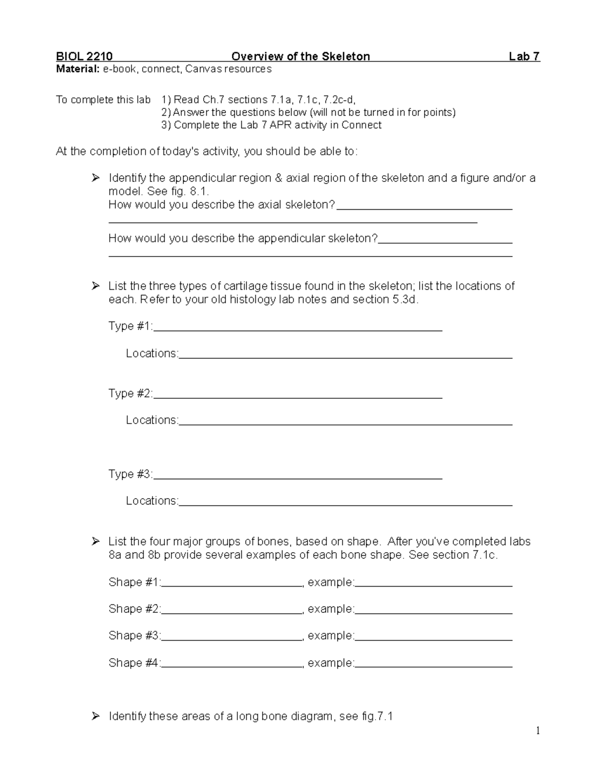 Lab 7 Intro to Skeleton (instructions) - BIOL 2210 Overview of the ...