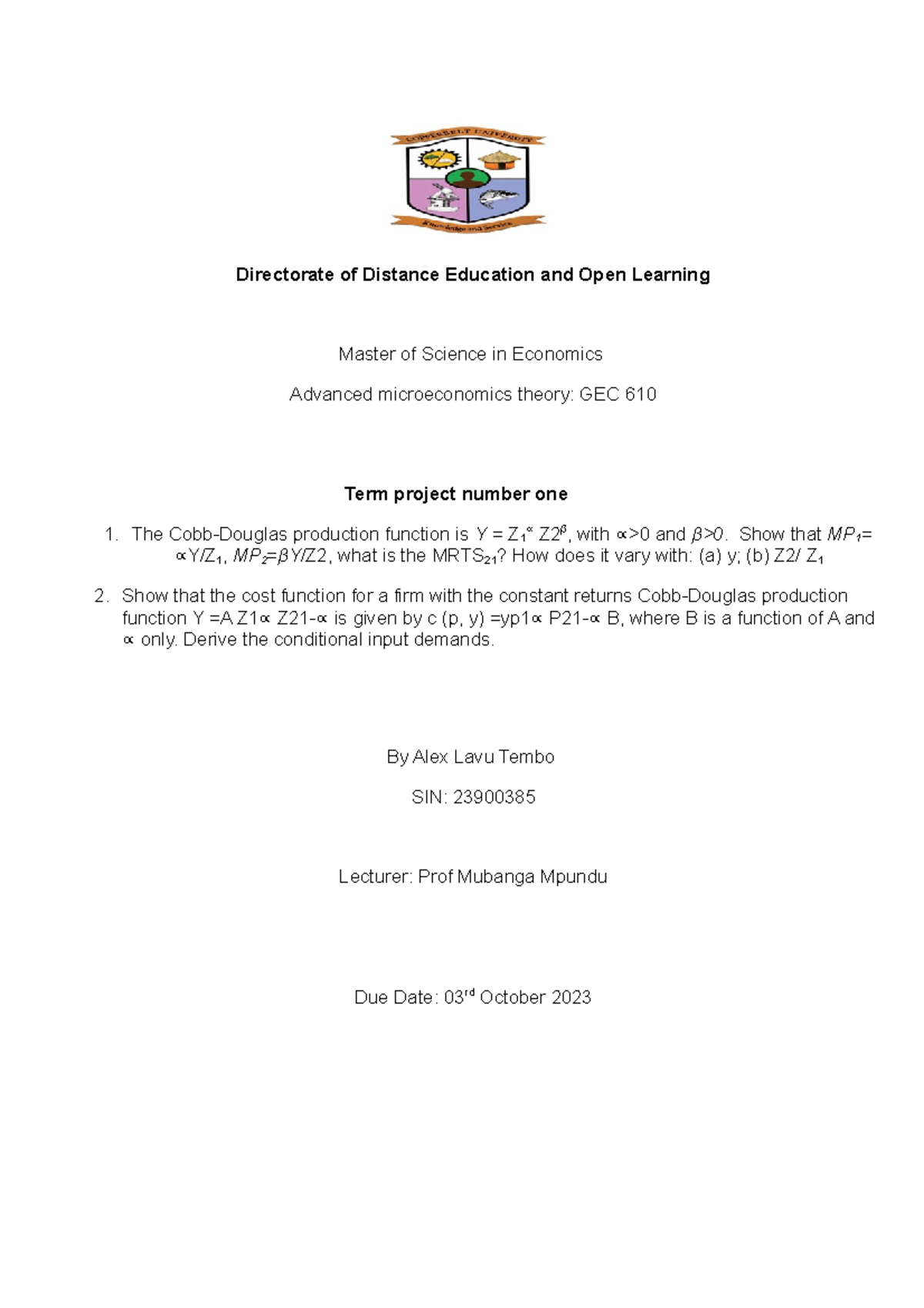 TERM Project 1 - Directorate of Distance Education and Open Learning ...