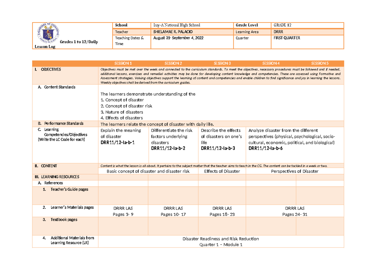 1st dll in drrr 220831112914 b0a64442 - Grades 1 to 12/Daily Lesson Log ...