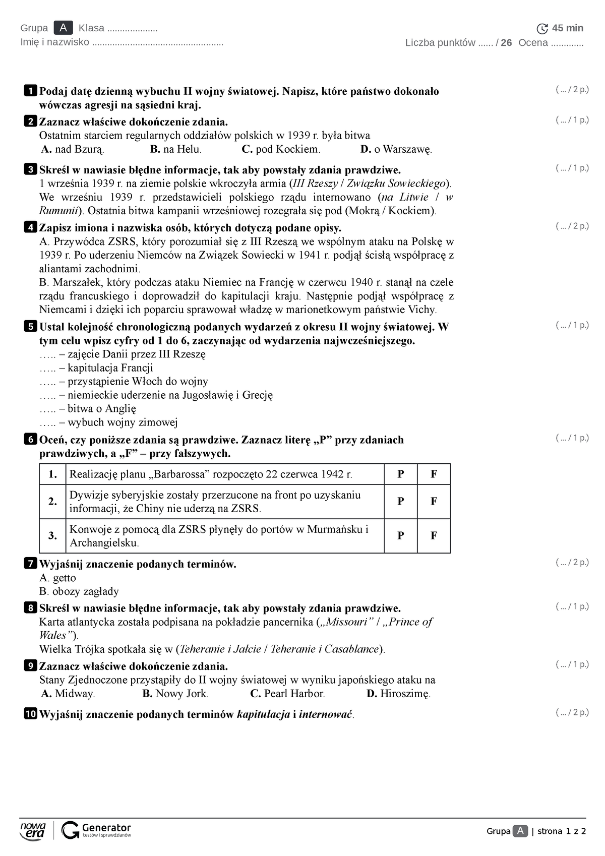 Test Druga Wojna światowa - Grupa A | Strona 1 Z 2 Grupa A Klasa ...