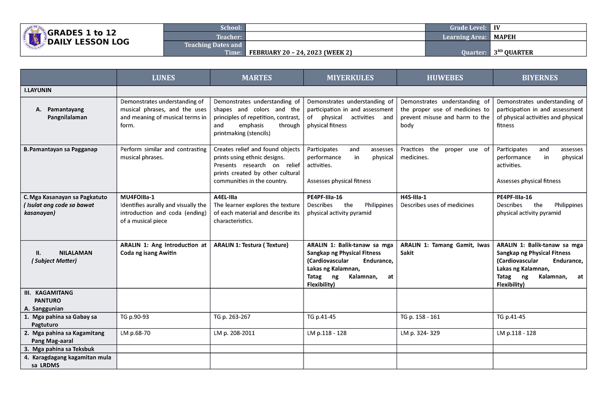 DLL Mapeh 4 Q3 W2 - GRADES 1 To 12 DAILY LESSON LOG School: Grade Level ...