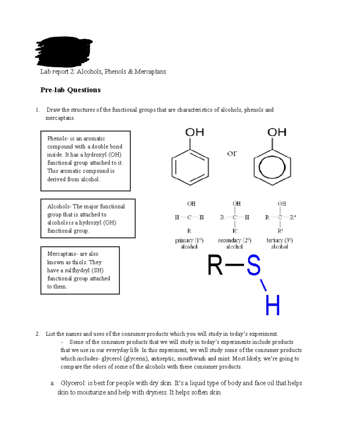 Chem 18 labreport Alcohols Lamiya A Zaman Prof. Sunej Hans March 9