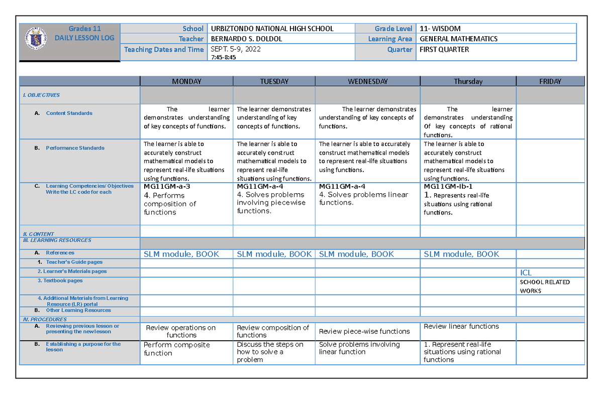 3 A DLP- template gen math - Copy - Grades 11 DAILY LESSON LOG School ...