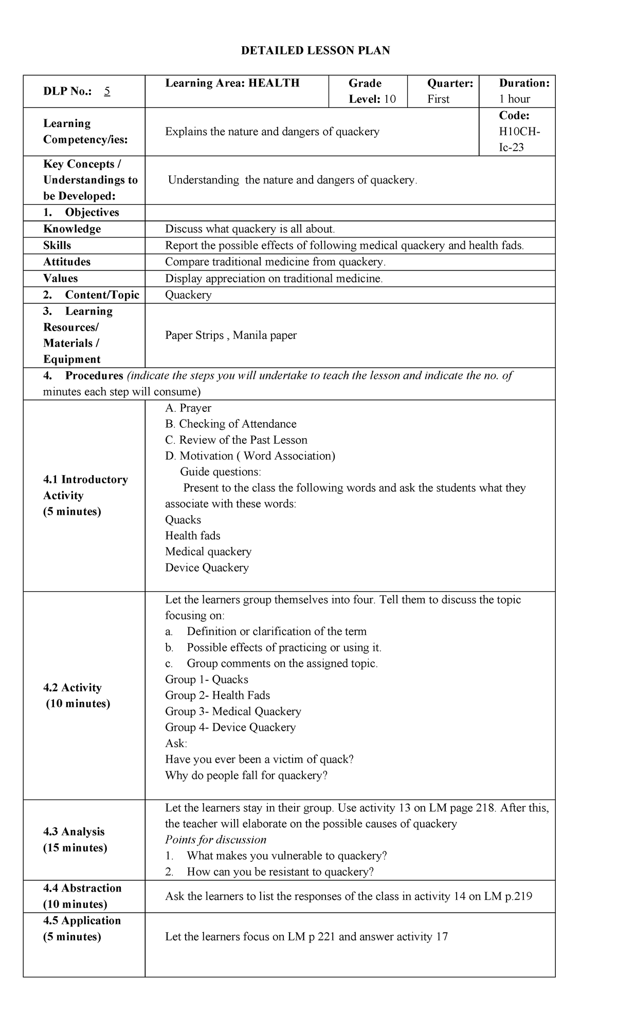 5 H10CH-Ic-23 - Reference - DETAILED LESSON PLAN DLP No.: 5 Learning ...