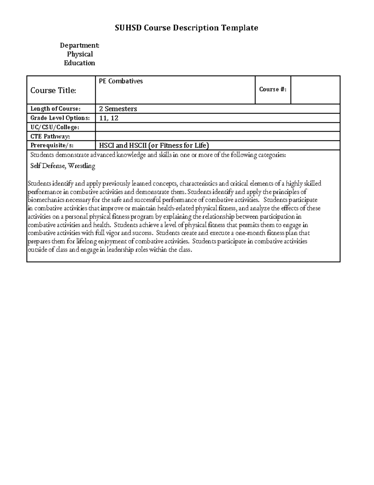 Combatives Course Guide - SUHSD Course Description Template Department ...