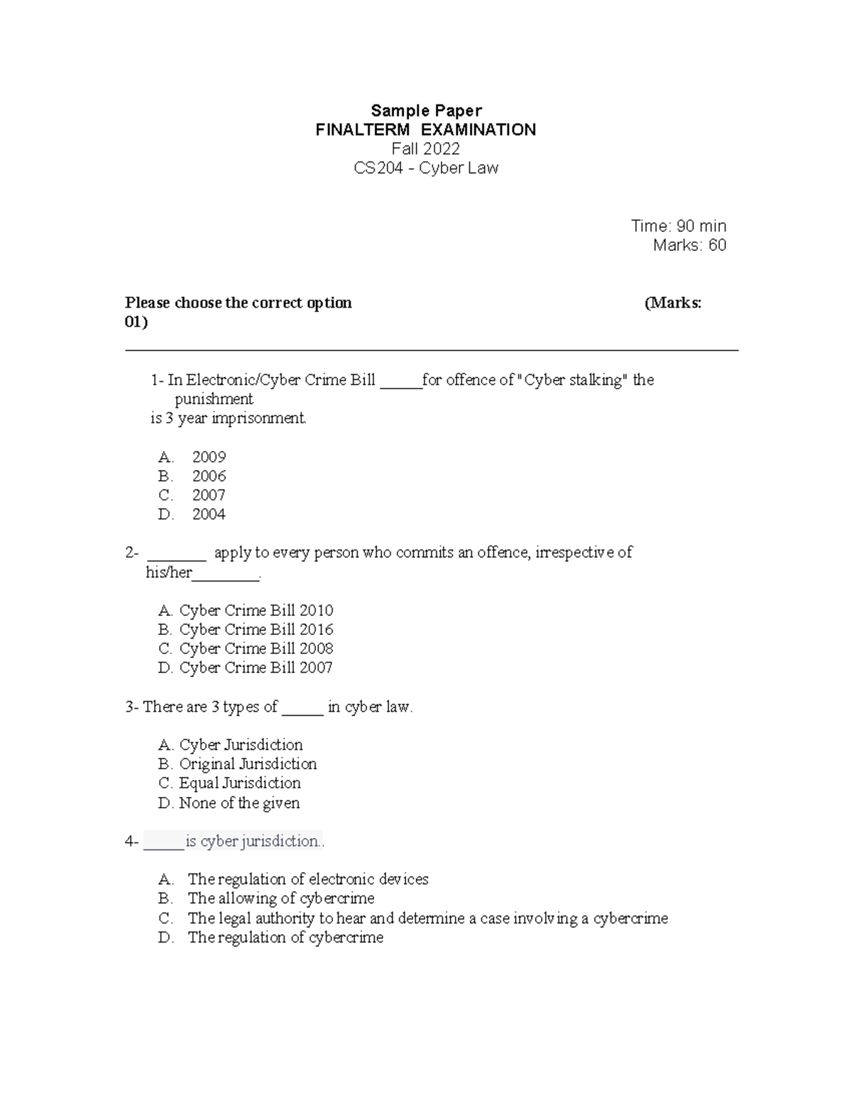 Final Term Exam Sample Paper CS 204 - Sample Paper FINALTERM ...