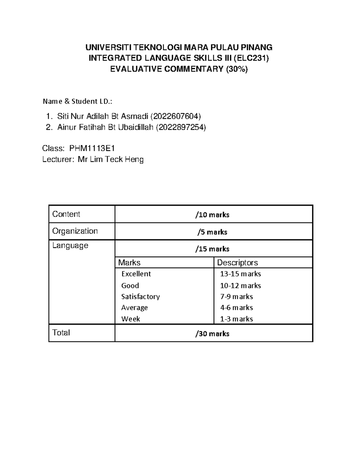 Evaluative Commentary Elc231 Universiti Teknologi Mara Pulau Pinang
