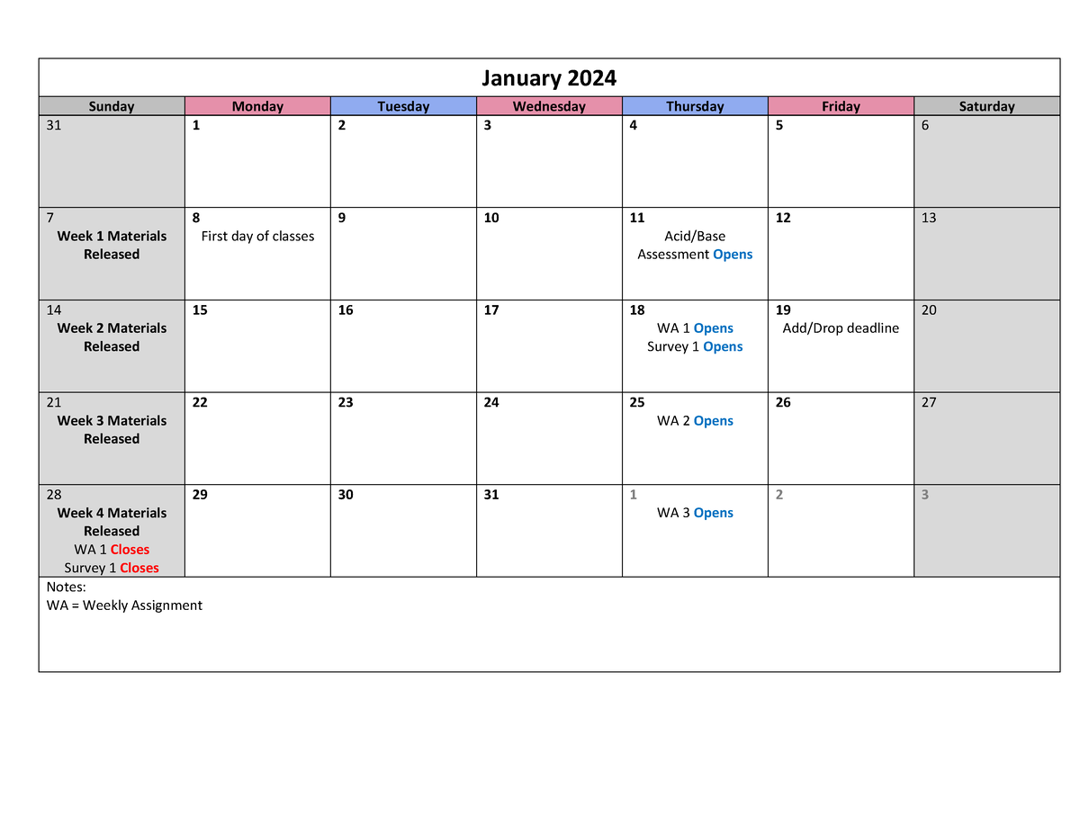 Chem 123 Calendar - January 2024 Sunday Monday Tuesday Wednesday ...