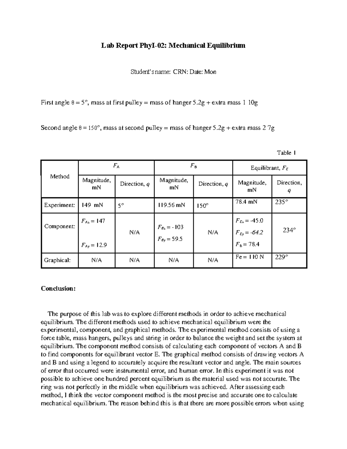 Lab Report Phy I02 Mechanical Equilibrium Lab Report PhyI02