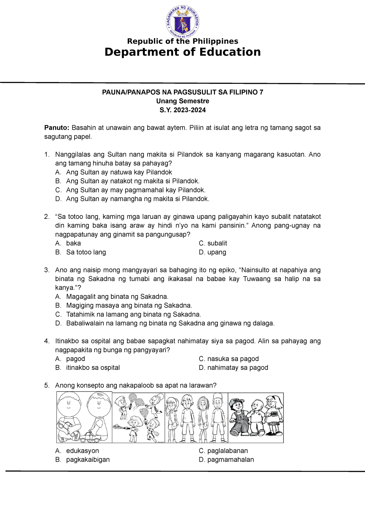 Pre Post Test Filipino 7 Q1q2 Department Of Education Paunapanapos Na Pagsusulit Sa Filipino 9480