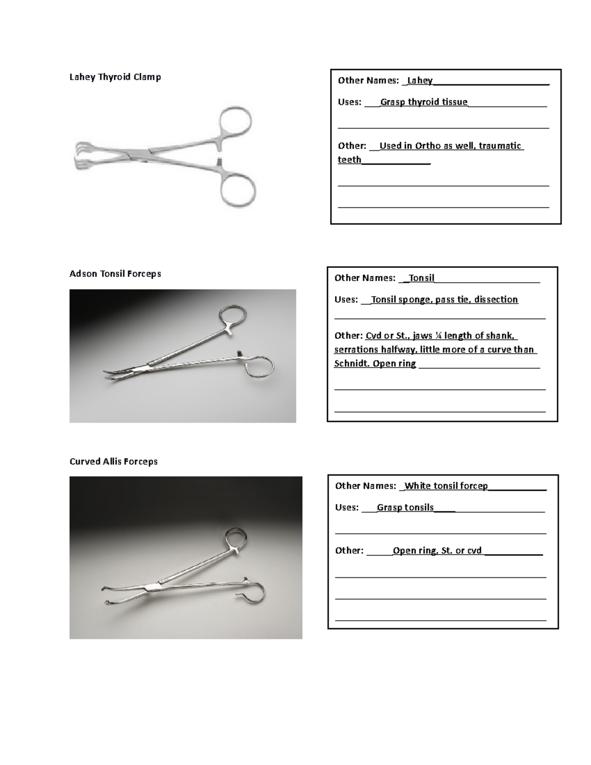 ENT Instrument Notes Lahey Thyroid Clamp Adson Tonsil Forceps Curved Allis Forceps Other Names