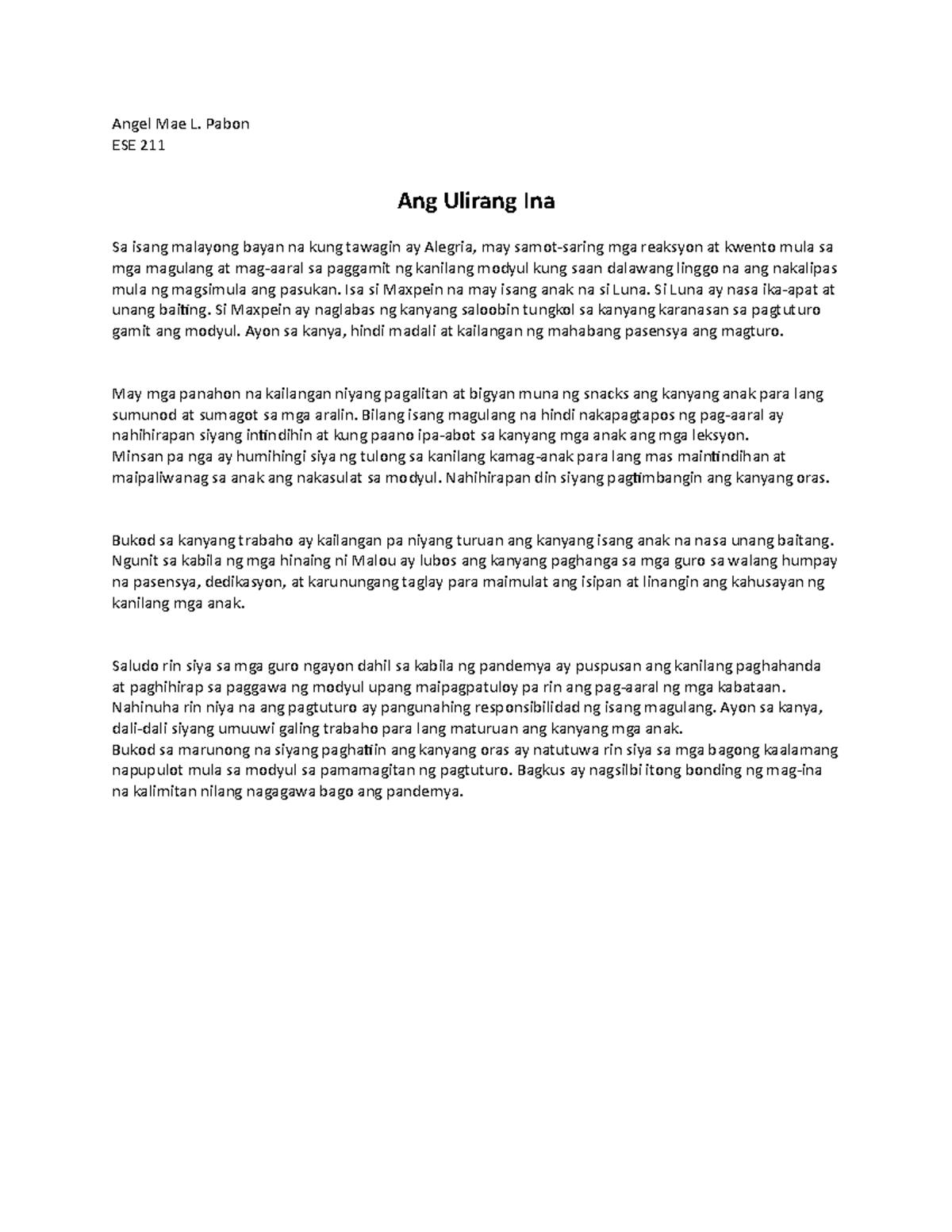 Pabon Pagtataya Maikling Kwento Angel Mae L. Pabon ESE 211 Ang