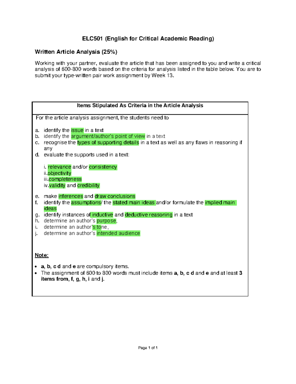 ELC501 WAA Items (030919) - Page 1 Of 1 ELC501 (English For Critical ...