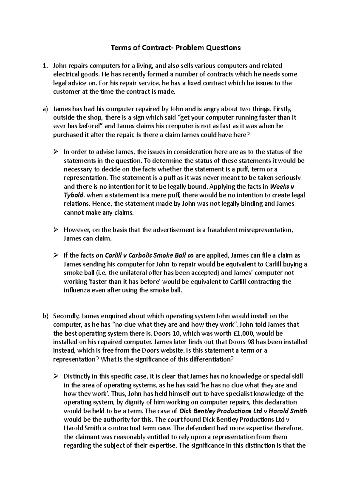 Terms of Contract- problem questions - Terms of Contract- Problem ...