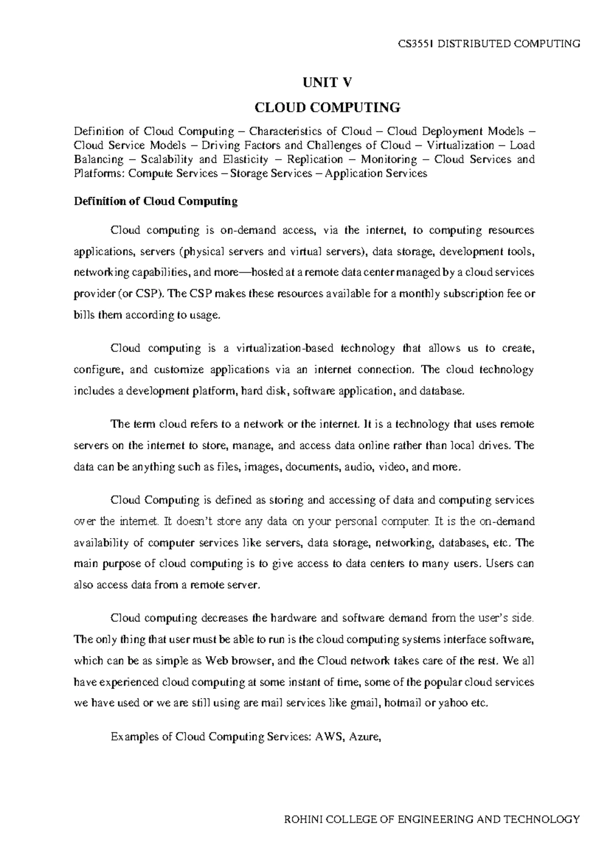 DC unit 5 notes half - Distributed computing (CS3551) - UNIT V CLOUD ...