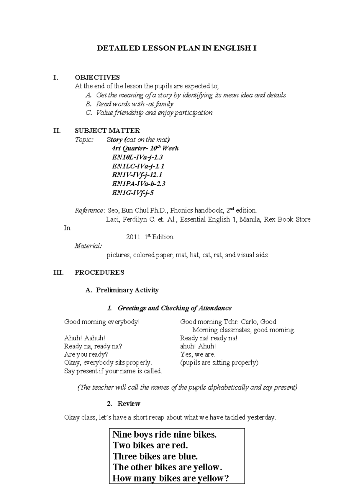 Detailed Lesson PLAN IN English I - DETAILED LESSON PLAN IN ENGLISH I I ...