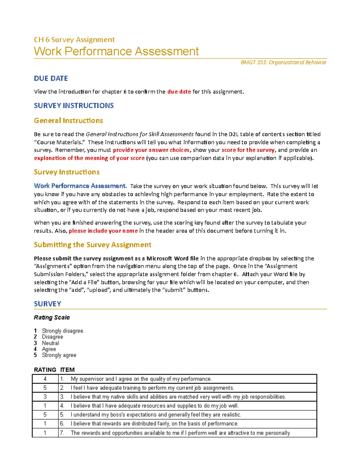 Work Performance Survey - CH 6 Survey Assignment Work Performance ...