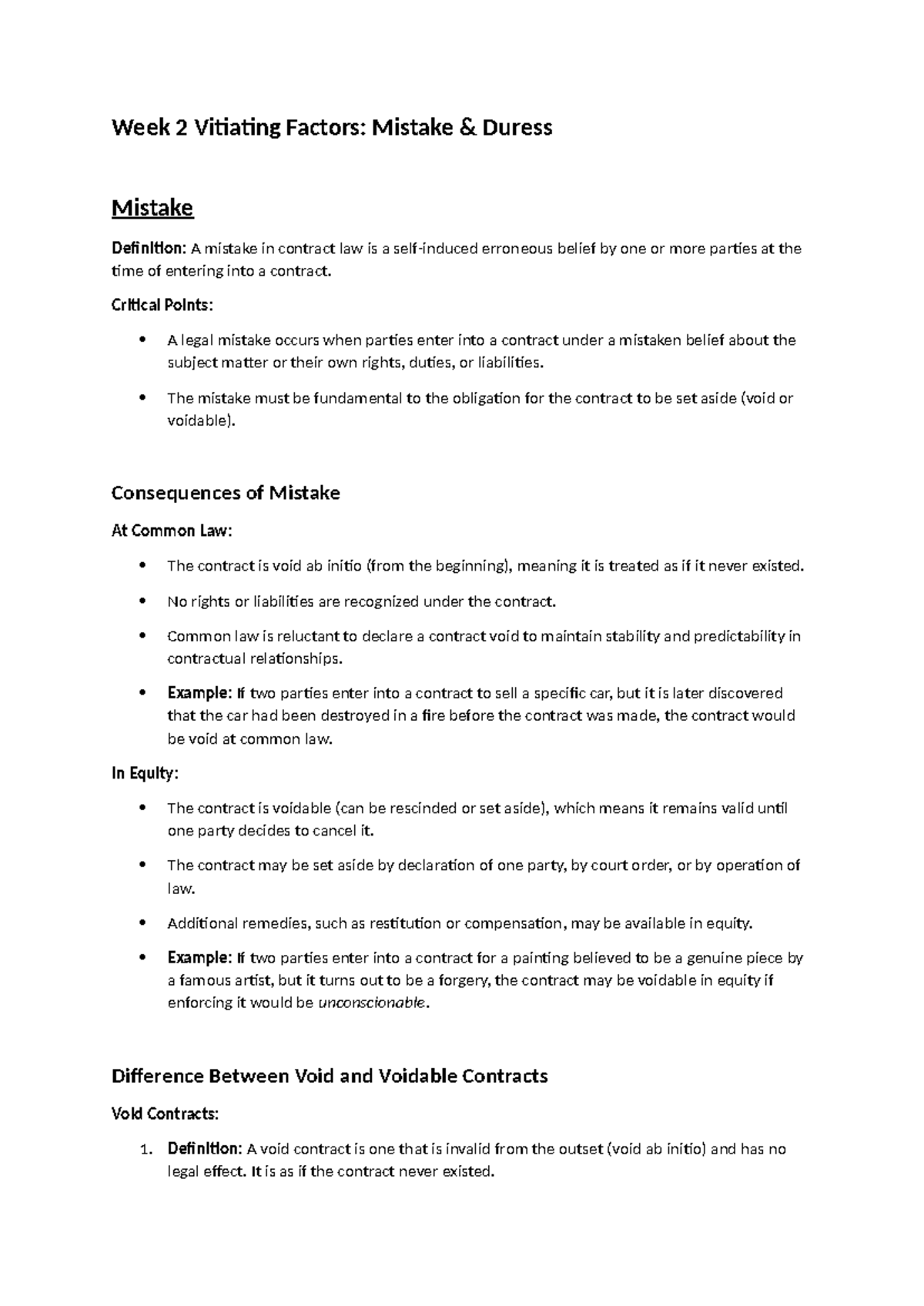 Week 2 Contract law 2 Mistake and Duress - Week 2 Vitiating Factors ...