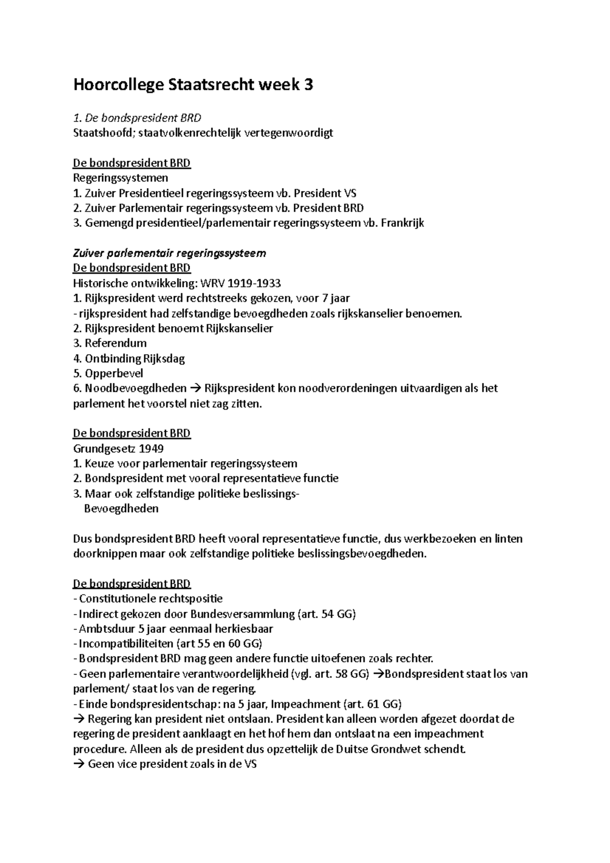 Hoorcollege Staatsrecht Week 3 - President VS Zuiver Parlementair ...