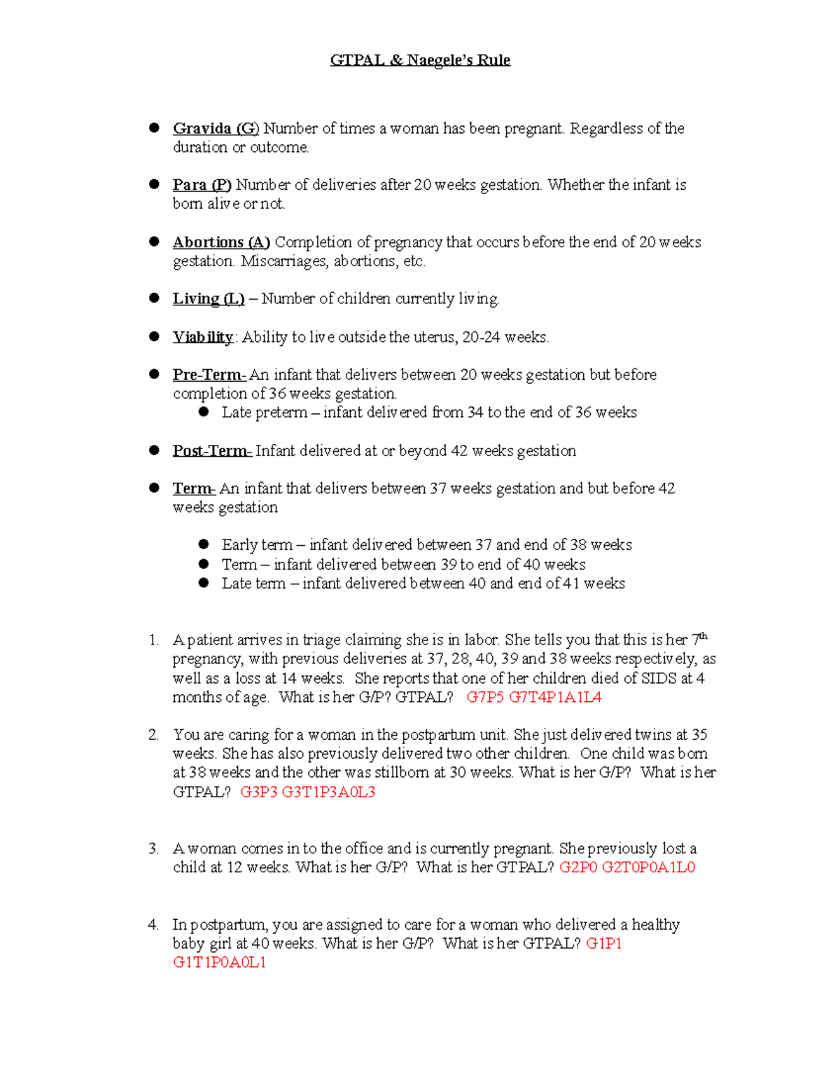 Gtpalnaegeles KEY Worksheet that covers GTPAL and Naegele's Rule from