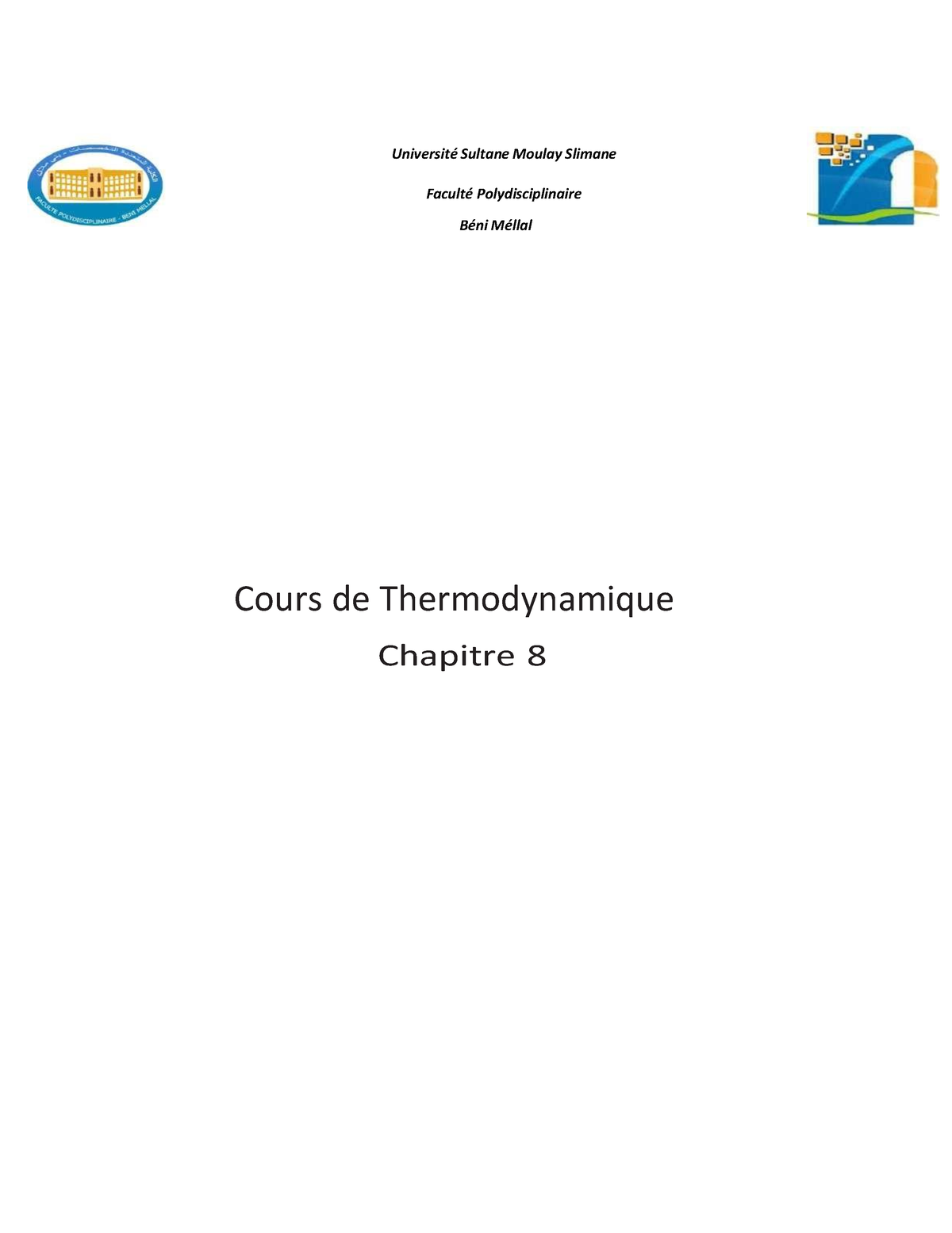 Cours De Thermodynamique 1 Chapitre 8 - Université Sultane Moulay ...