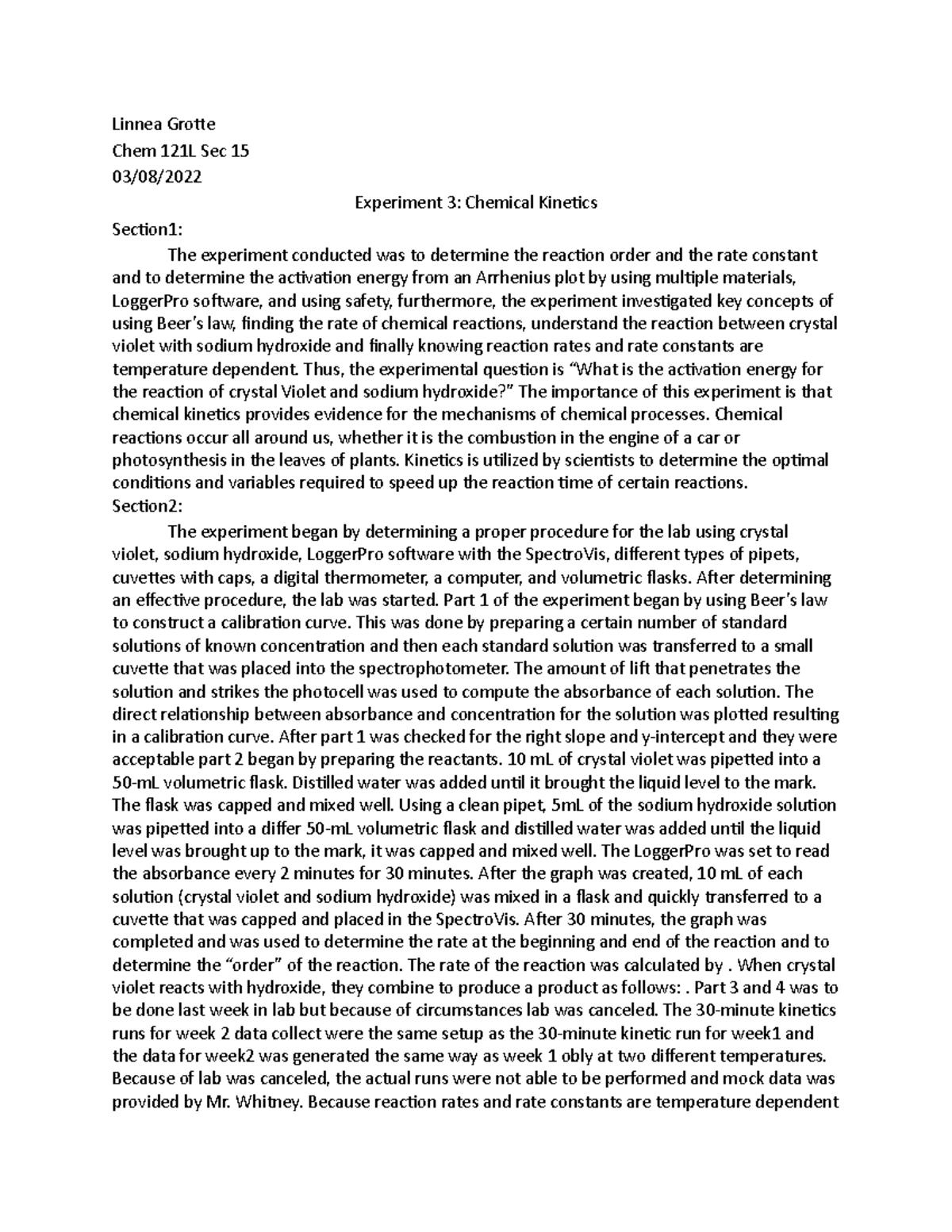 Experiment 3 Chemical Lab Report Linnea Grotte Chem 121L Sec