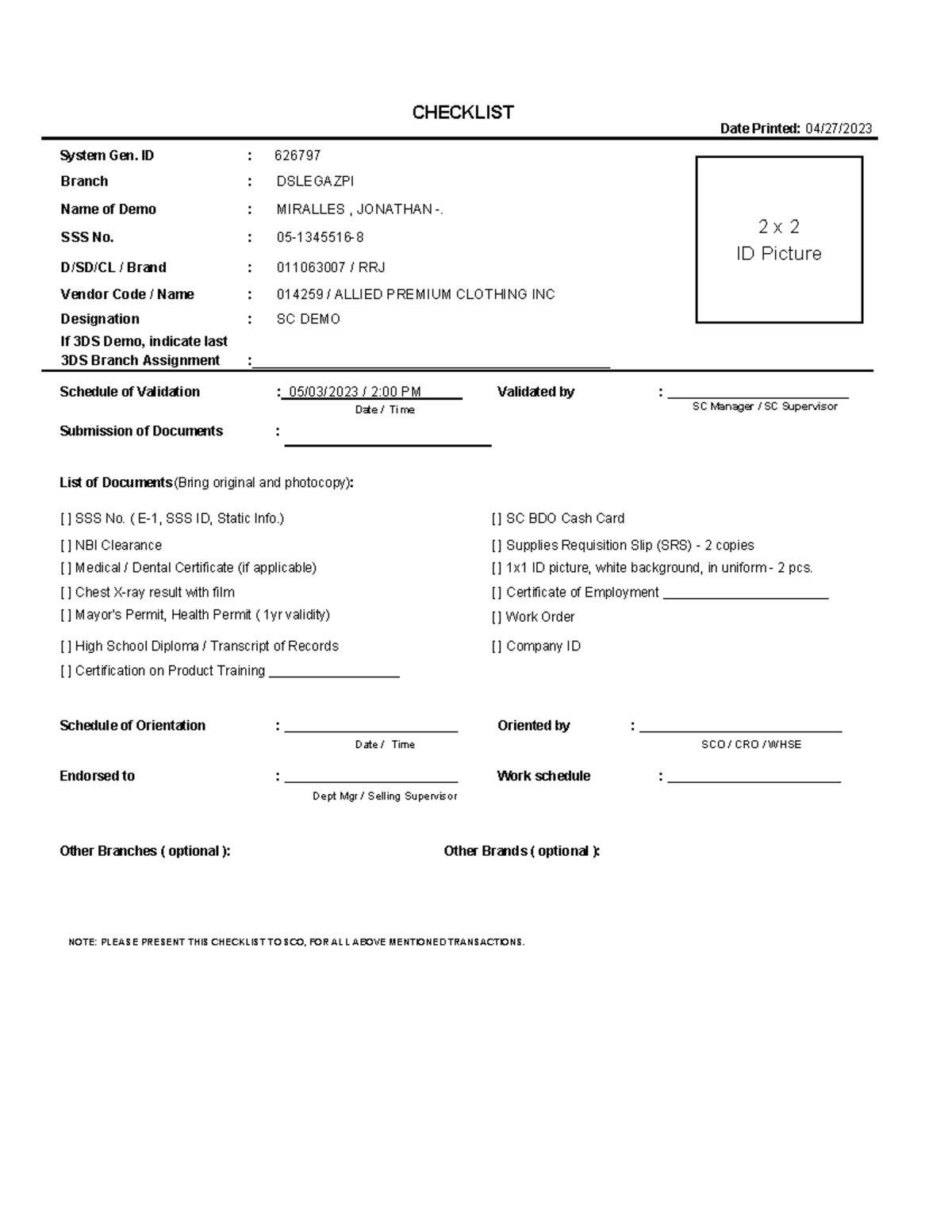 Miralles Jonathan Checklist SM Legazpi RRJ MW - System Gen. ID : 626797 ...