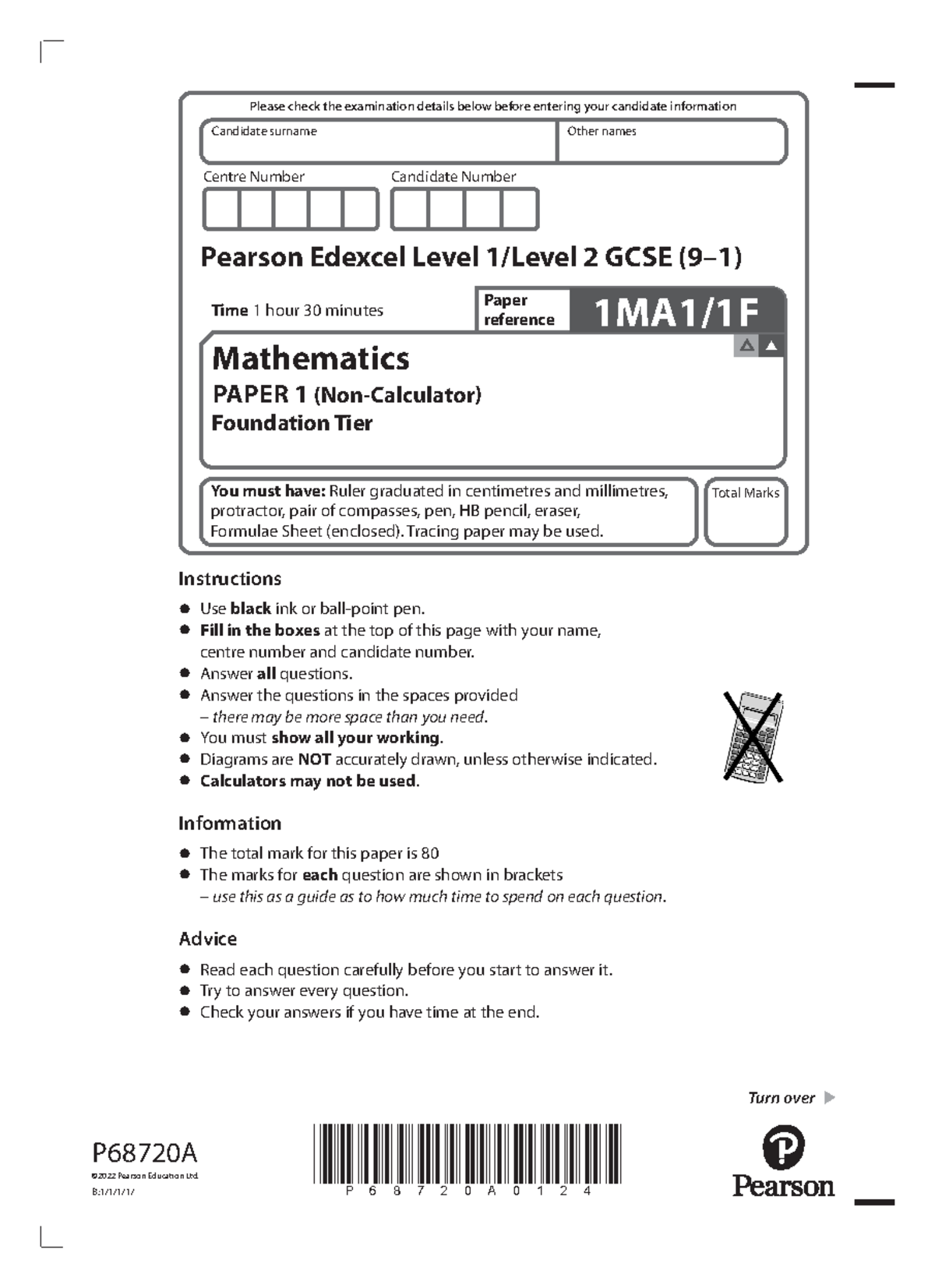 1ma1 1f que 20221102 - sss - Centre Number Candidate Number P68720A0124 ...