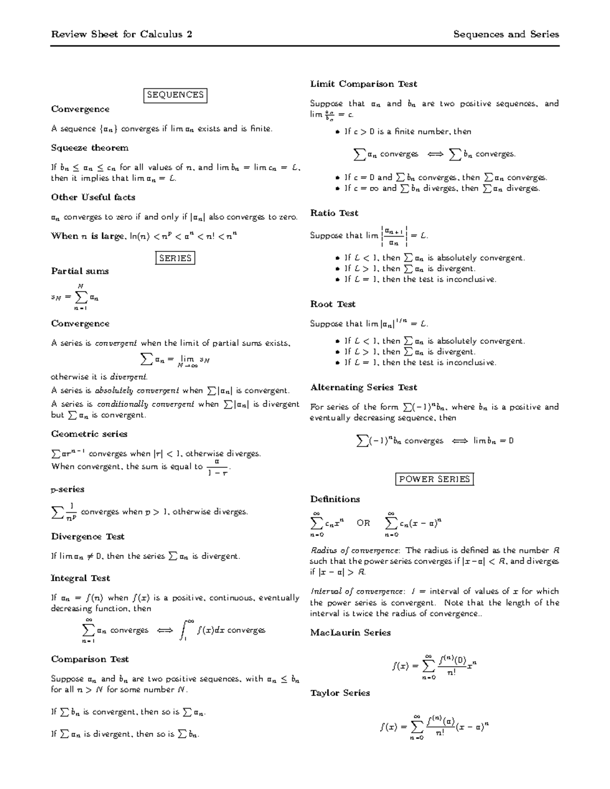 AS2 formula sheet test3 - Review Sheet for Calculus 2 Sequences and ...