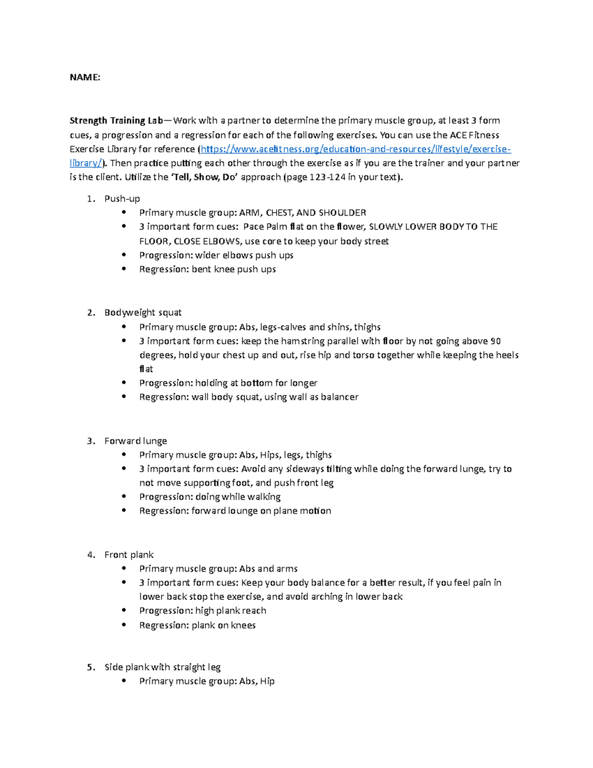 Strength Training Lab - NAME: Strength Training Labcues, a progression ...