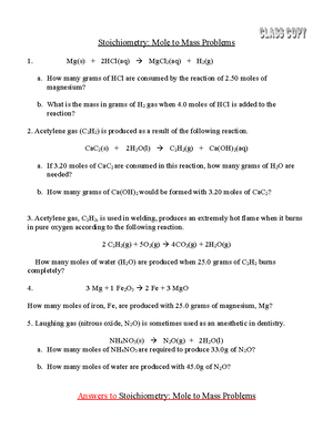 Stoichiometry - mole to mass - Stoichiometry: Mole to Mass Problems Mg(s) +  2HCl(aq)  MgCl 2 (aq) + - Studocu