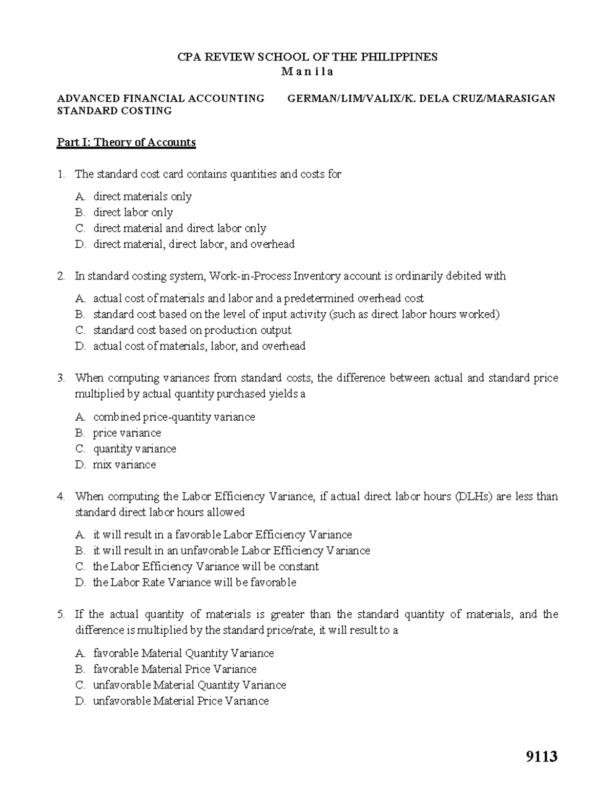 9113 - Standard Costing 9113 - Standard Costing - 9113 CPA REVIEW ...