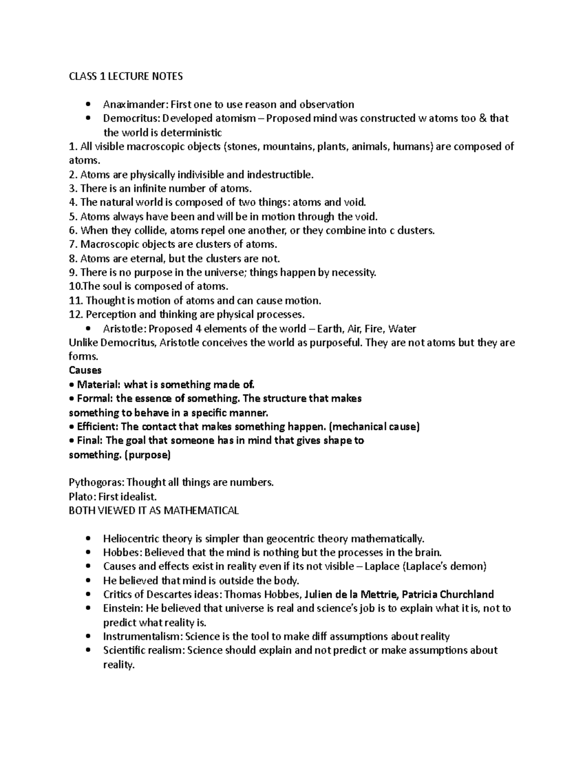 Class 1 Lecture Notes - CLASS 1 LECTURE NOTES Anaximander: First one to ...