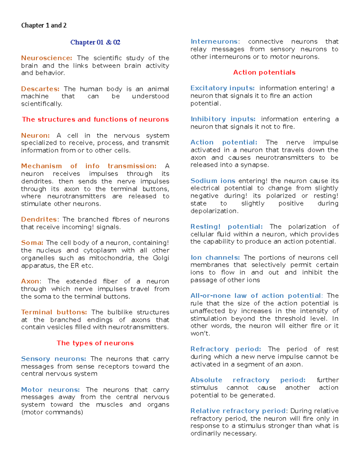 Psychology 355 Lecture Notes - Chapter 01 & 02 Neuroscience: The ...