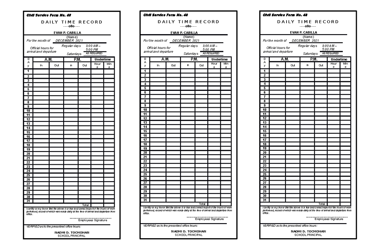 FORM-48-Template - DTR - Civil Service Form No. 48 DAILY TIME RECORD ...