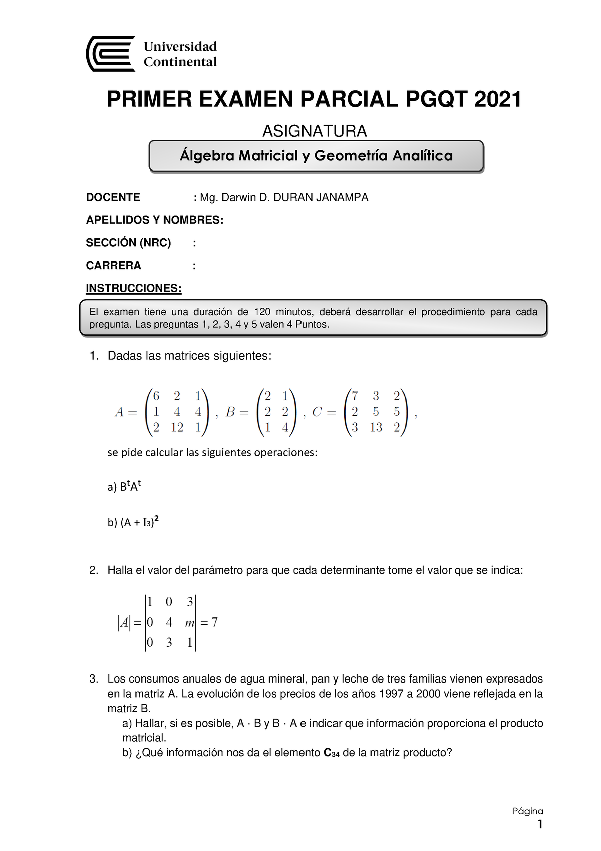 Evaluación Consolidado 1 Álgebra Matricial Y Geometría 2021 - P·gina 1 ...