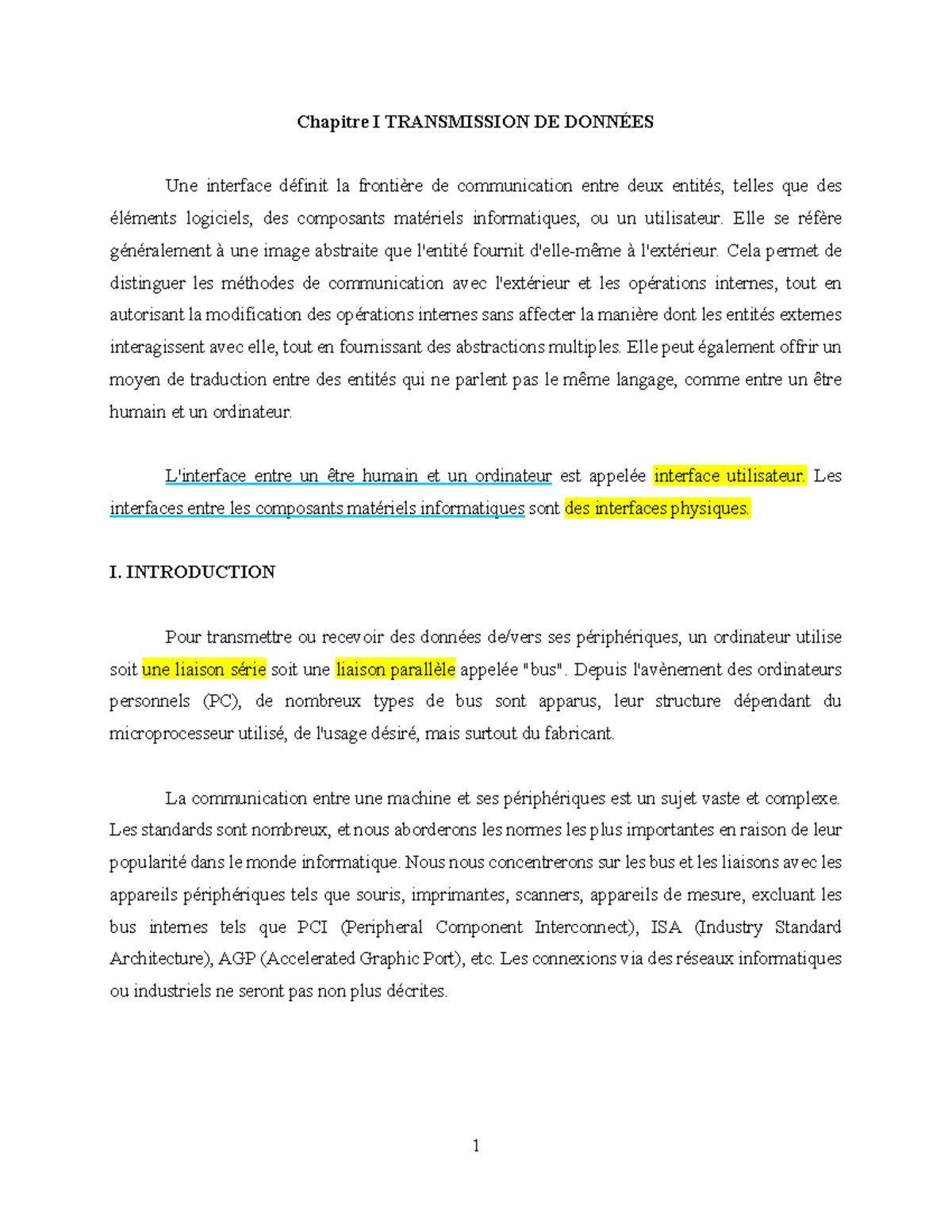 Interfacage et Serialisation - Chapitre I TRANSMISSION DE DONNÉES Une ...