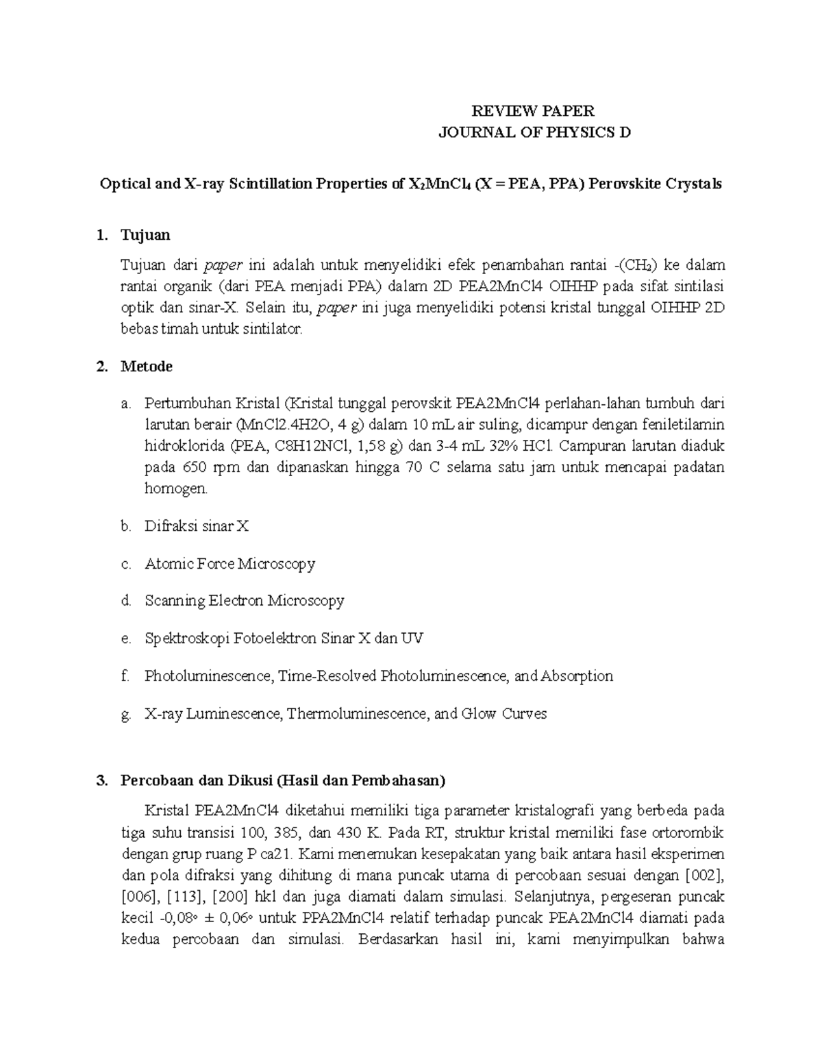 Review Paper Optical and X-ray Scintillation Properties of X2Mn Cl4 (X ...