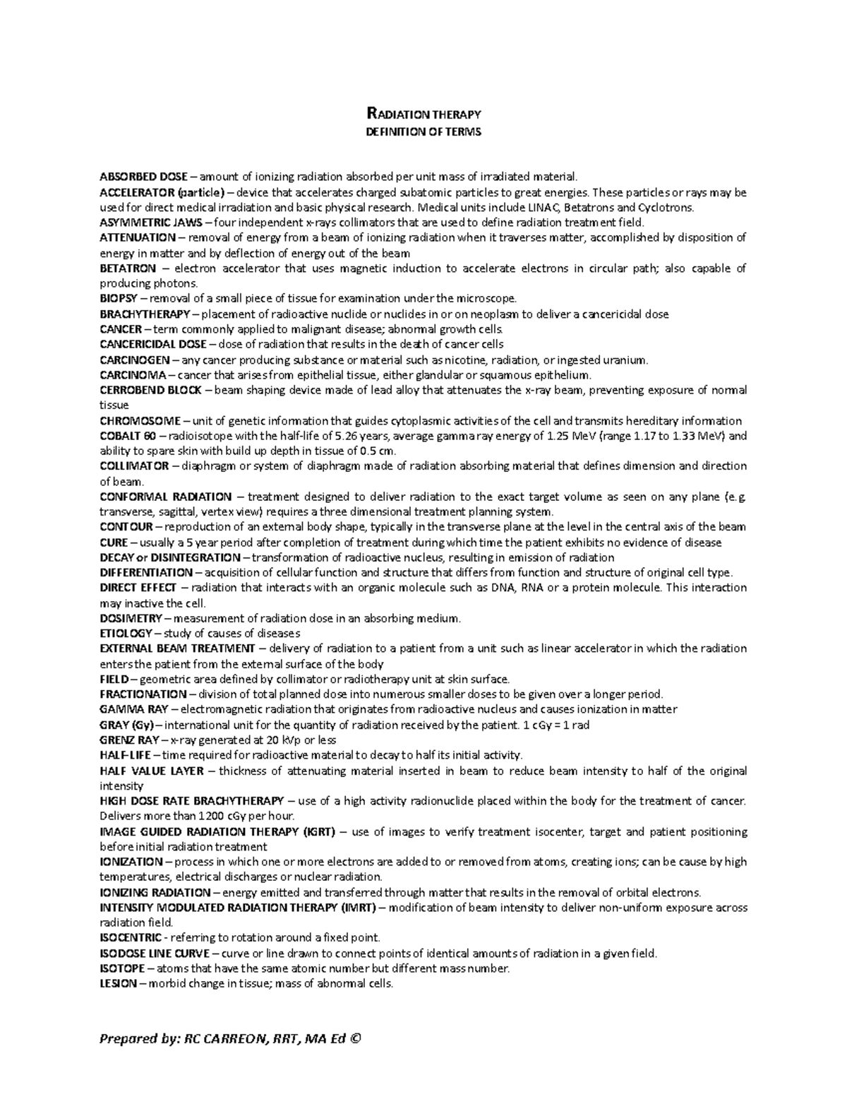 Radiation Therapy Definition Of Terms - Prepared By: Rc Carreon, Rrt 