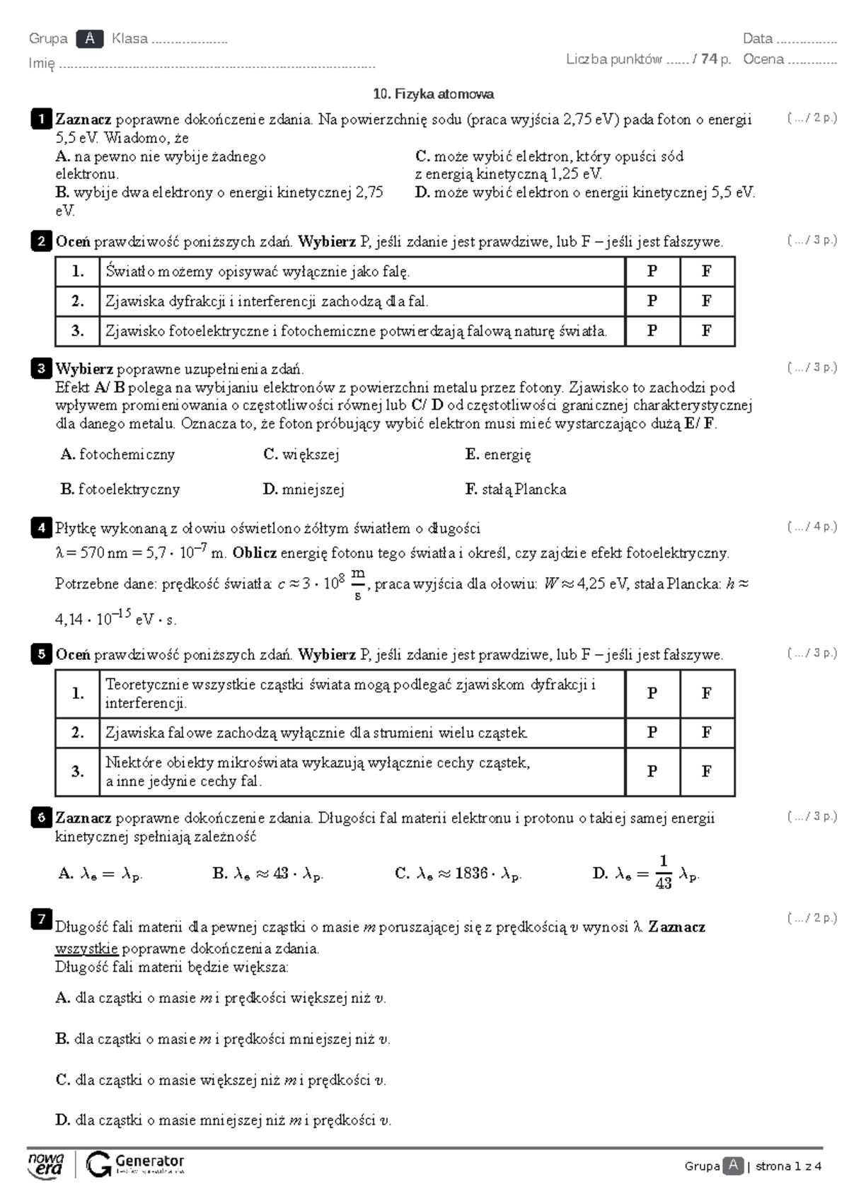 Fizyka 1 Liceum Fizyka Atomowa Wsip Sprawdzian www.studocu.com