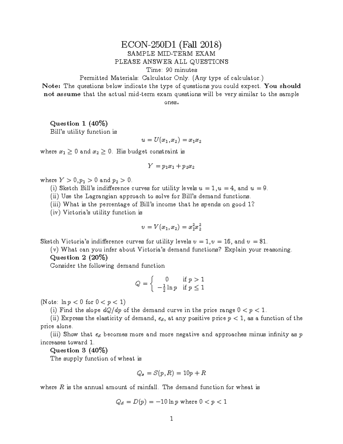 Midterm October 2018, questions and answers - ECON-250D1 (Fall 2018 ...