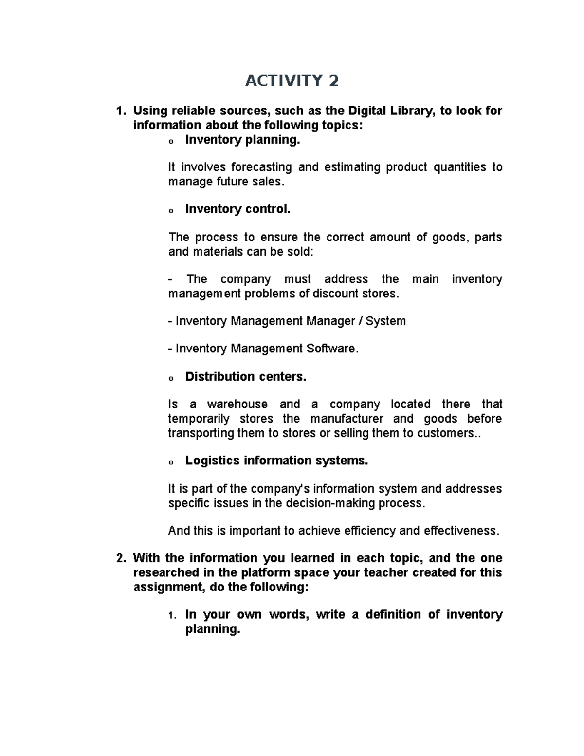 Logistyc Activity 2 - logistica - ACTIVITY 2 1. Using reliable sources ...