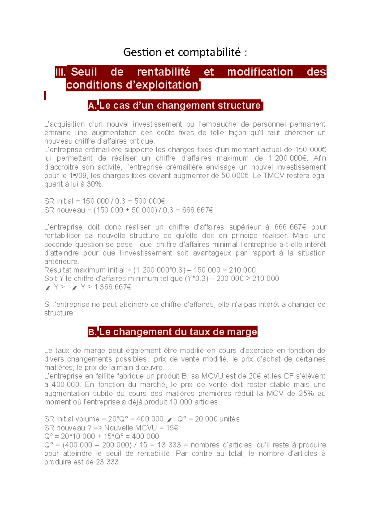 Gestion Et Comptabilit 9 - Seuil De Rentabilité Et Modification Des ...