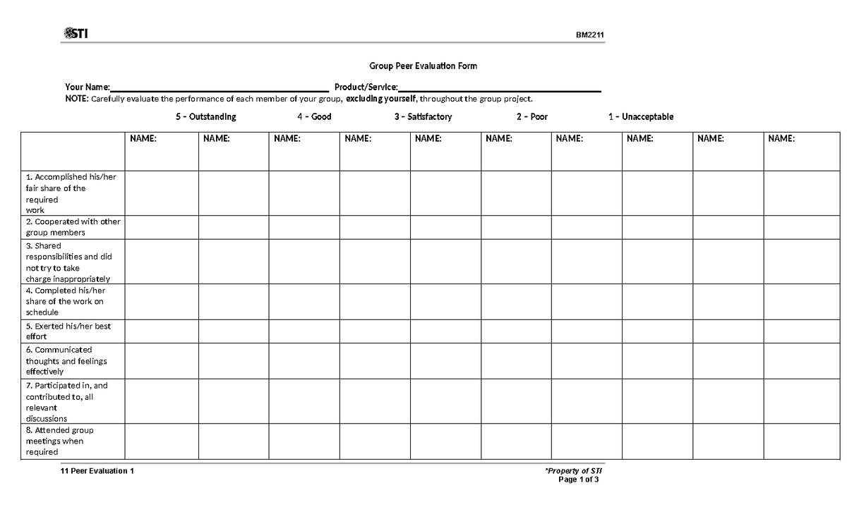 11 Peer Evaluation 1 - need - BM 11 Peer Evaluation 1 *Property of STI ...