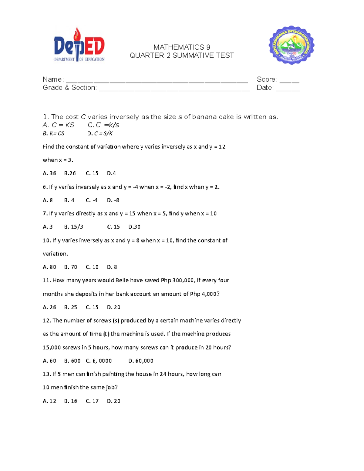 Mathematics 9 2ND QRT Summative - MATHEMATICS 9 QUARTER 2 SUMMATIVE ...