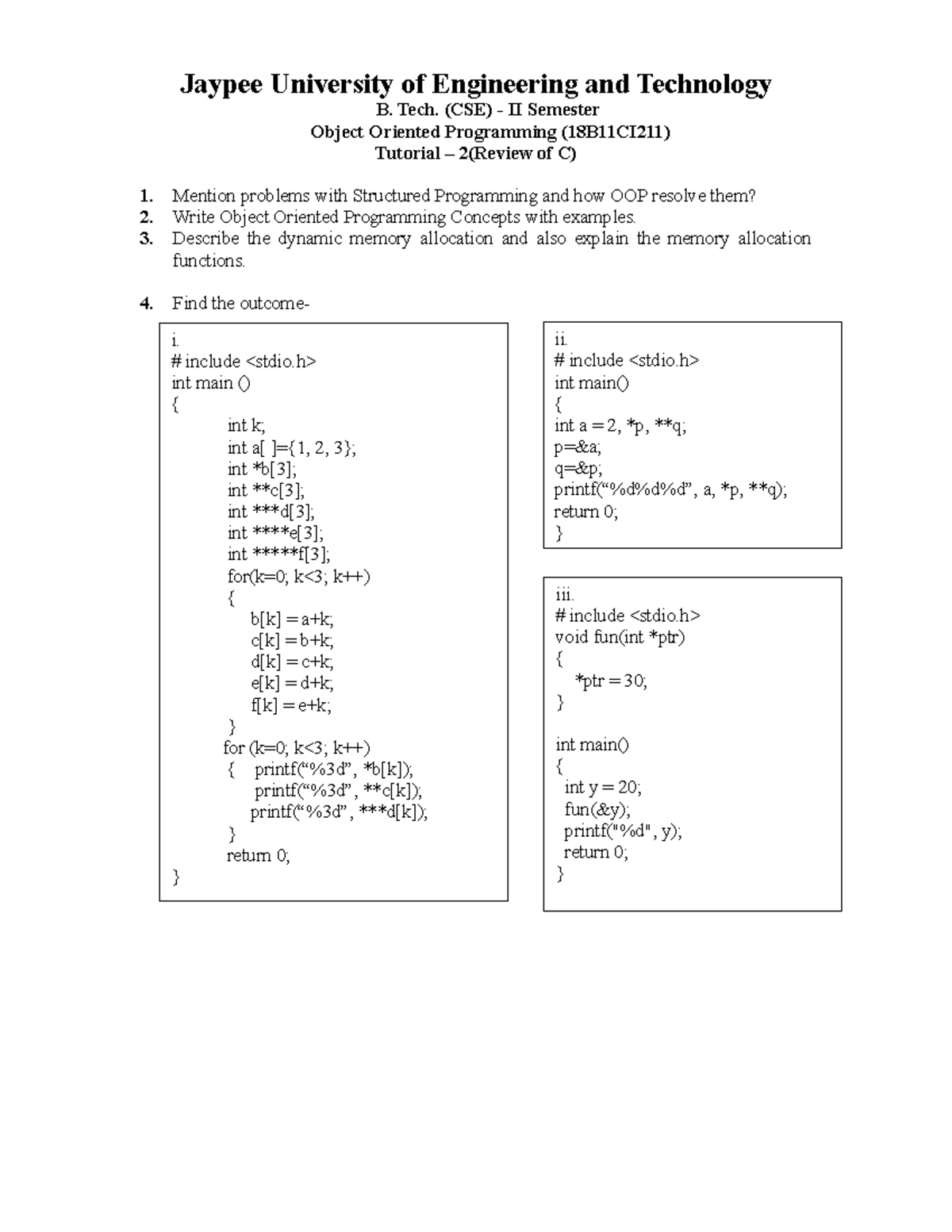 Tutorial-2 Review of C, OOPS Concepts - Jaypee University of ...